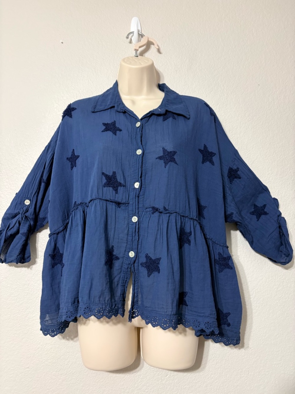 Venti6 Blue Stars Cotton Gauze Oversized Babydoll Top Eyelet Roll Tab Sleeves S‎